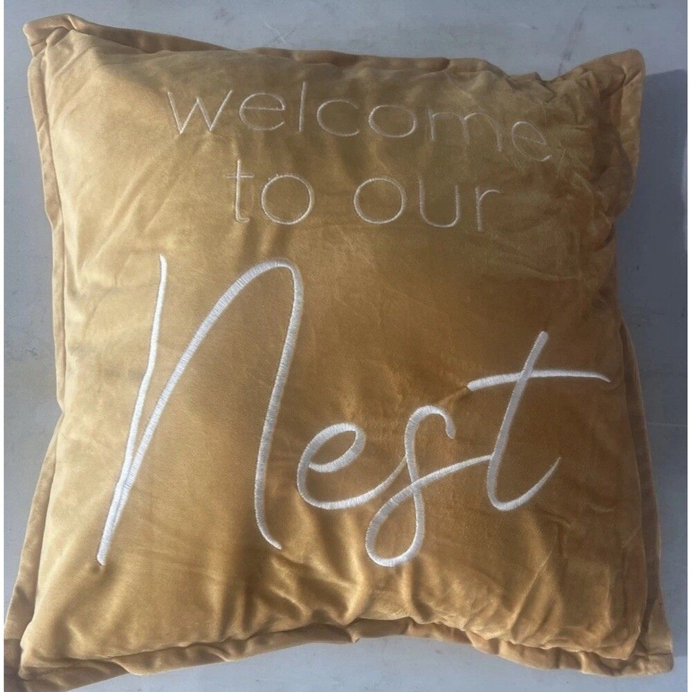16 X 16 Gold w/White Embroidery - Decorative Throw Pillow - Good Condition